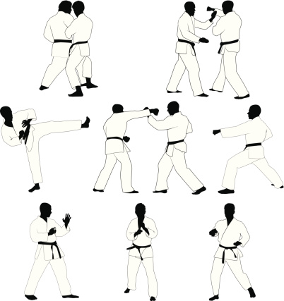 Outlines of people performing Karate. Files included – jpg, ai (version 8 and CS3), svg, and eps (version 8)