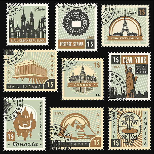 different countries set of stamps from different countries with architectural landmarks statue of liberty replica stock illustrations