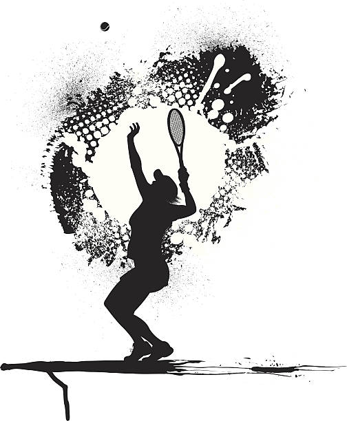 ilustraciones, imágenes clip art, dibujos animados e iconos de stock de jugador de tenis sirve-hembra, grunge gráfico - silhouette tennis competitive sport traditional sport