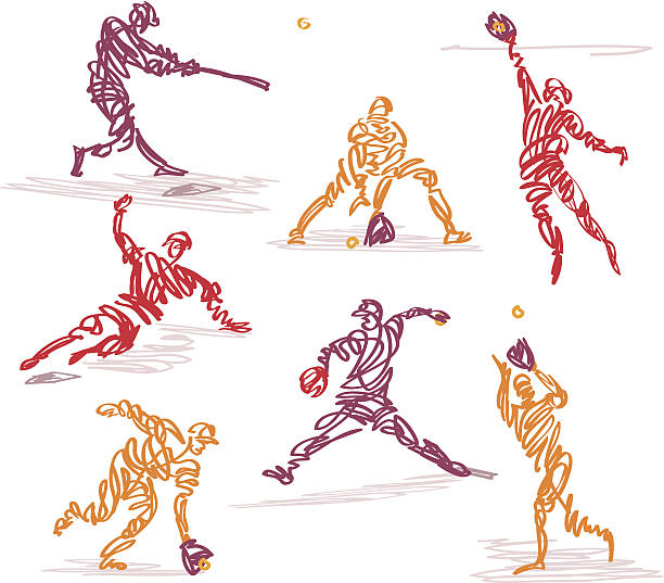 Scribbled Baseball Sketchy style scribbled baseball players. Various aspects of the game are shown, such as: getting a hit, sliding into home plate, fielding a grounder, an infielder, a pitcher, an outfielder and a player stealing a home run ball as it is about to go over the fence. Vector illustration colors can easily be changed. XXL jpg included. baseball baseballs spring training professional sport stock illustrations