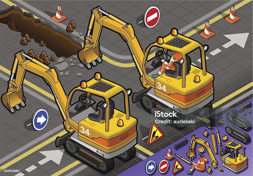 Isometric Mini Excavator com homem no trabalho em Vista traseira - Vetor de Escavadora compacta royalty-free