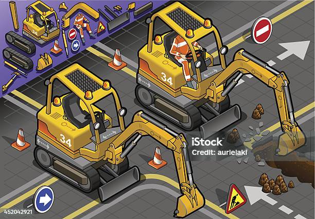 Vetores de Isometric Mini Excavator Com Homem No Trabalho Em Vista Frontal e mais imagens de Escavadora compacta