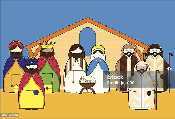 Vetores de Natividade Dia Cena Com Personagens e mais imagens de Presépio - Presépio, Pastor de ovelha, Três Reis Magos