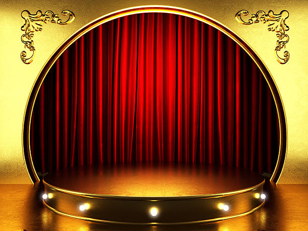 istock red fabrick curtain with gold on stage 452047045