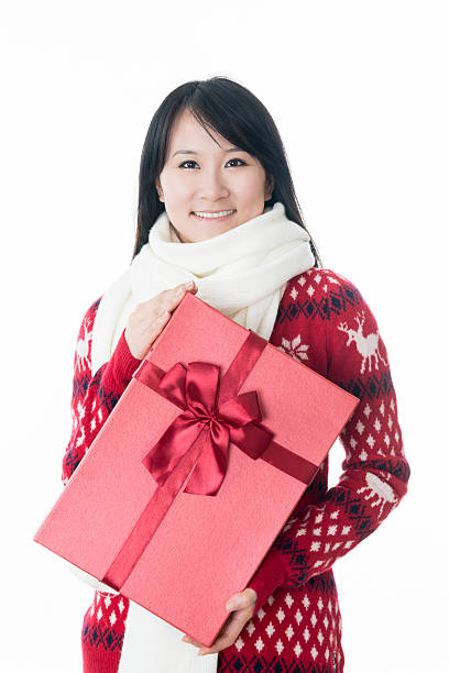 istock Cheerful Young Woman with Christmas Gift Box 452047687