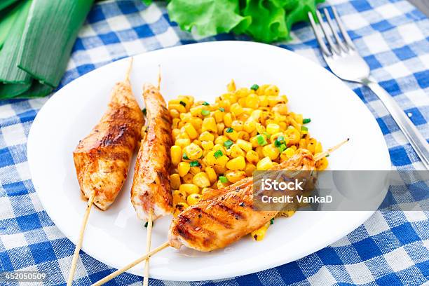 Honey Chicken Skewers With Grilled Corn Salad Stock Photo - Download Image Now - Barbecue - Meal, Chicken Breast, Chicken Meat