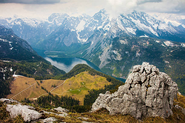 View to Konigsee from Jenner Peak, Berchtesgarden Alps. Germany stock photo