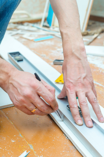 Panel Measuring Closeup Process Of Measuring Panel With Level Stock Photo - Download ...
