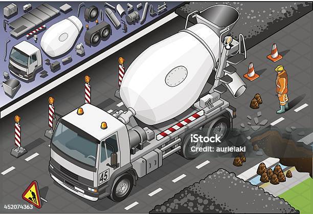 Isométrique Bétonnière En Vue De Face De Camion Vecteurs libres de droits et plus d'images vectorielles de Batteur électrique - Batteur électrique, Casque, Casque de chantier