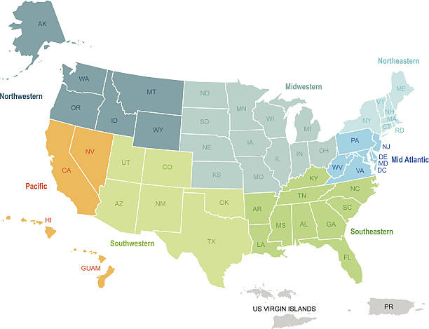 ilustrações de stock, clip art, desenhos animados e ícones de eua mapa em zonas e os seus territórios - territories