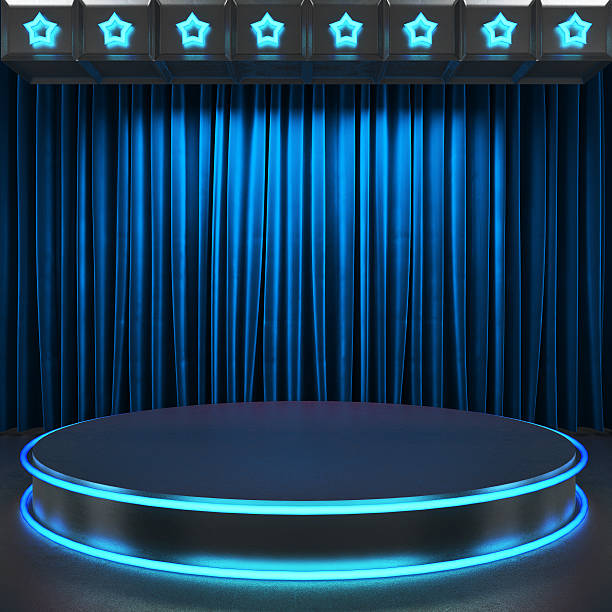 istock fabrick curtain on stage with neon 452075289