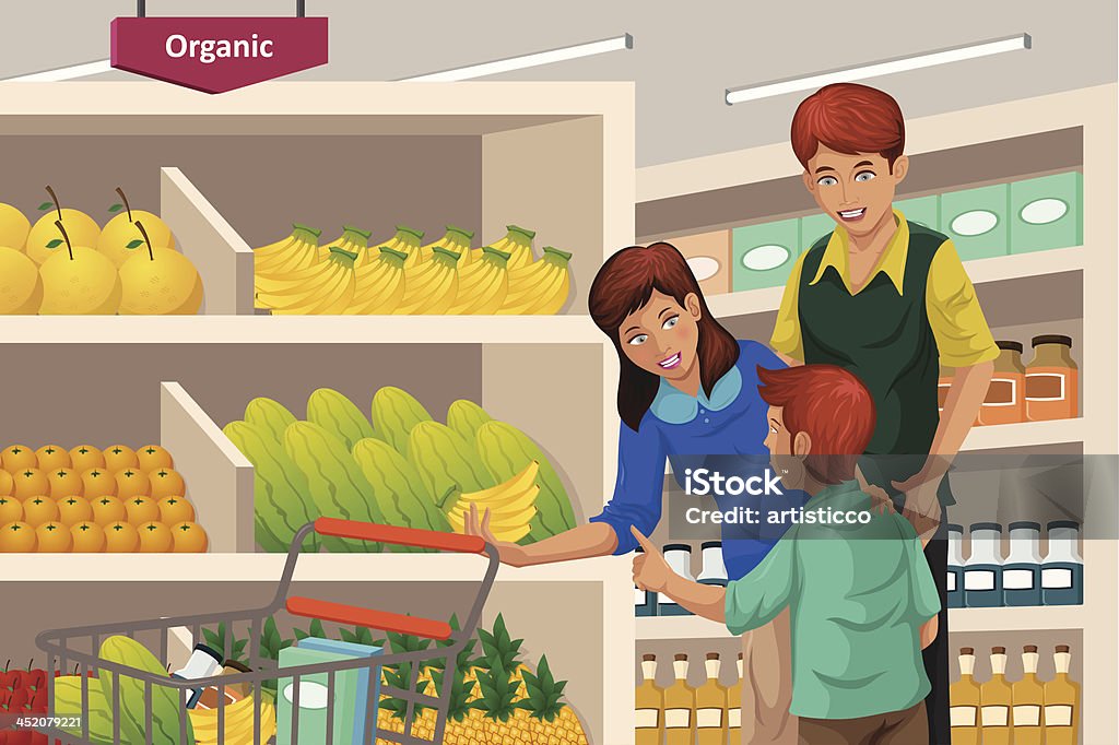 Familia de compras en el supermercado frutas - arte vectorial de Supermercado libre de derechos