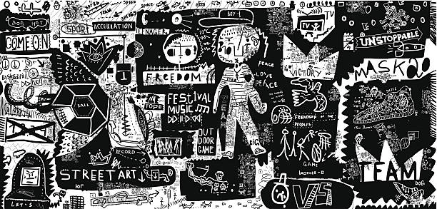 Black and white graffiti-style street art background An image that includes a plurality of symbols basketball ball illustrations stock illustrations