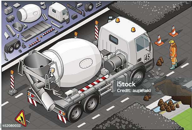 Isometric Betoniarka Samochód W Widok Z Tyłu - Stockowe grafiki wektorowe i więcej obrazów Brygadzista - Brygadzista, Cement, Ciężarówka