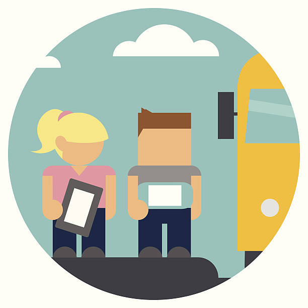 Students at the Bus Stop vector art illustration