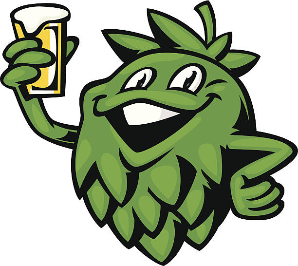 cartoon hop mascot cartoon hop holding up a pint of beer hops crop illustrations stock illustrations