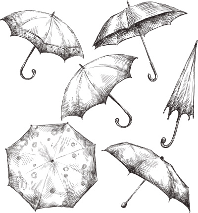 Set of umbrella drawings, hand-drawn, vector illustration