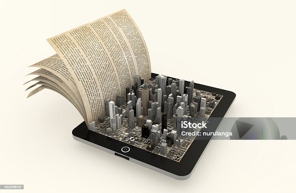 Электронная книга concept с видом на город - Стоковые фото Архитектура роялти-фри