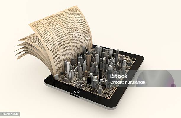 Электронная Книга Concept С Видом На Город — стоковые фотографии и другие картинки Архитектура - Архитектура, Башня, Без людей
