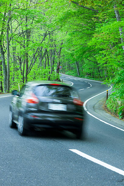 istock Driving a winding road in the forest 452112689