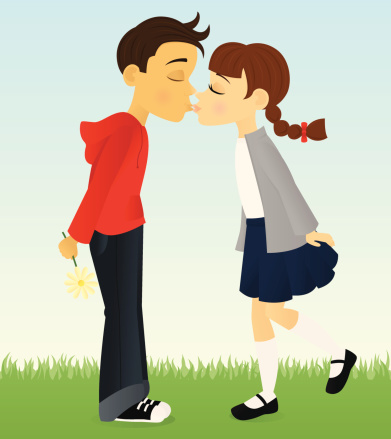A vector illustration of a boy and a girl sharing their first kiss. Boy and girl are grouped on a separate layer from the background. Linear and radial gradients used. No meshes.