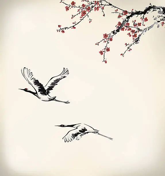 Vector illustration of ink winter sweet and crane