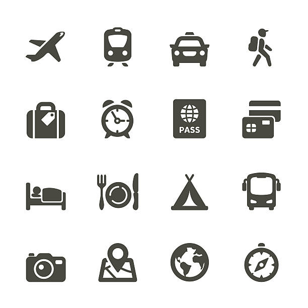 illustrazioni stock, clip art, cartoni animati e icone di tendenza di trasporti e viaggi immagine vettoriale icona set - hotel