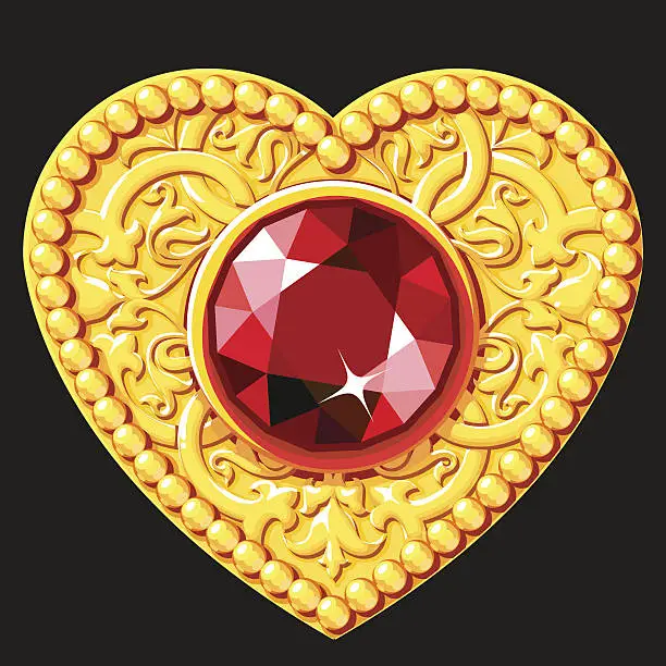 Vector illustration of Golden Heart With A Red Gemstone