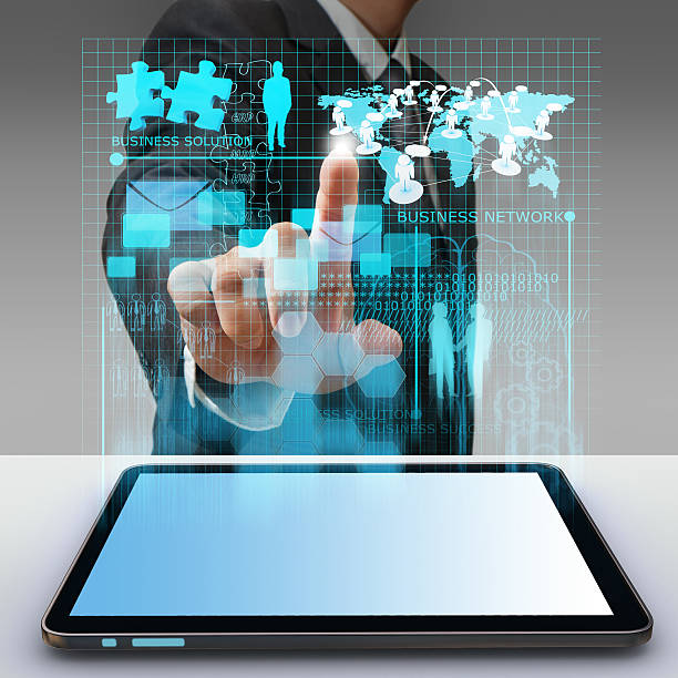 istock businessman hand point to virtual business network process diag 452120617