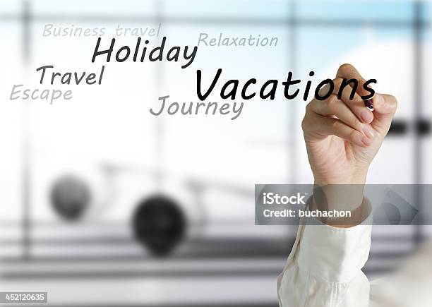 Female Hand Draws Vacations Theme Stock Photo - Download Image Now - Air Vehicle, Airplane, Airport