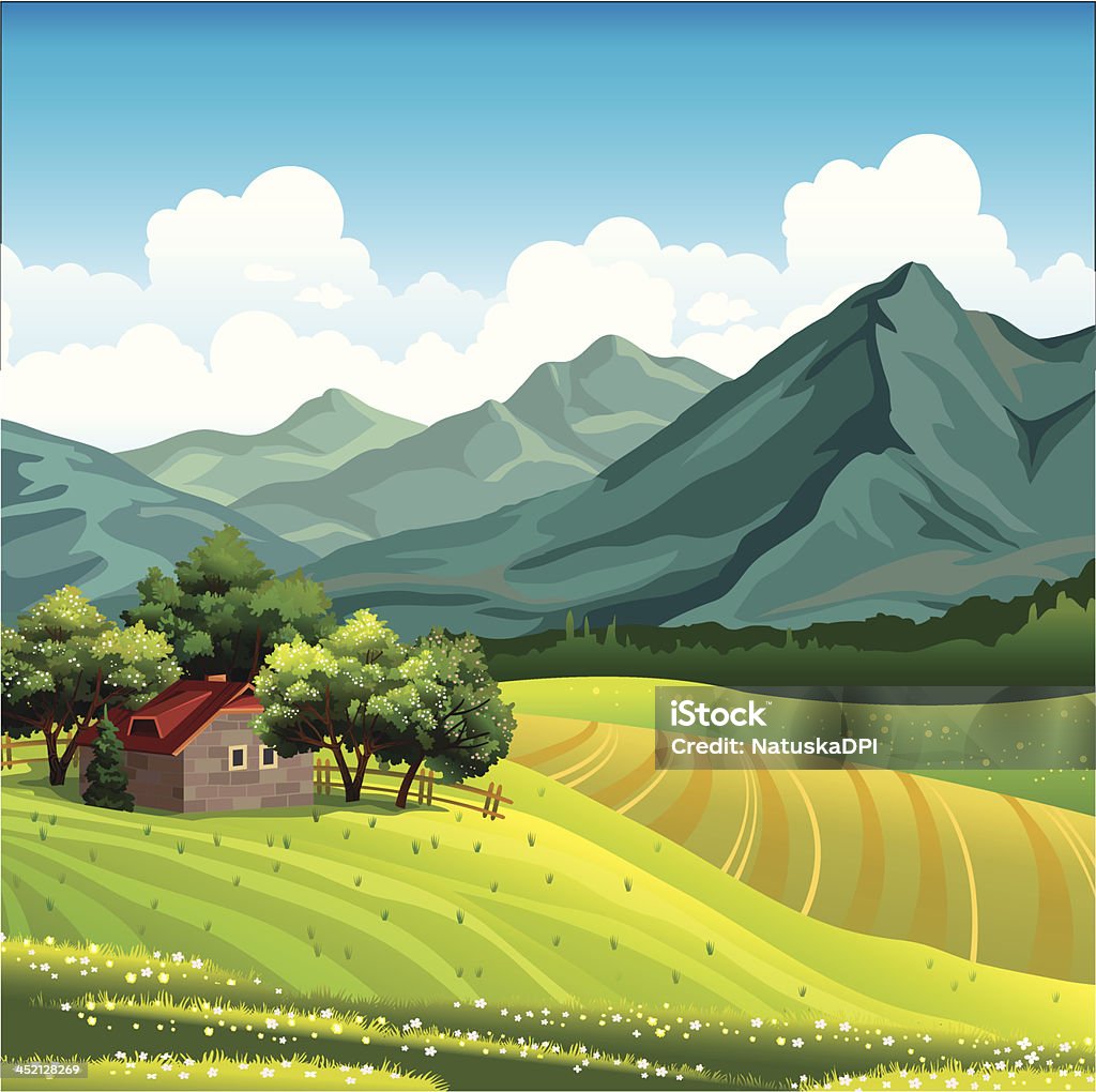 Paisaje con green field y casa de madera - arte vectorial de Aire libre libre de derechos