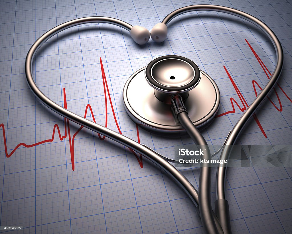 A stethoscope In the shape of a heart Stethoscope in shape of heart on a graph of the patient's heartbeat. Cardiologist Stock Photo