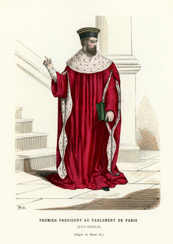 Vintage colour engraving of First President of the Parliament of Paris, France, 16th Century