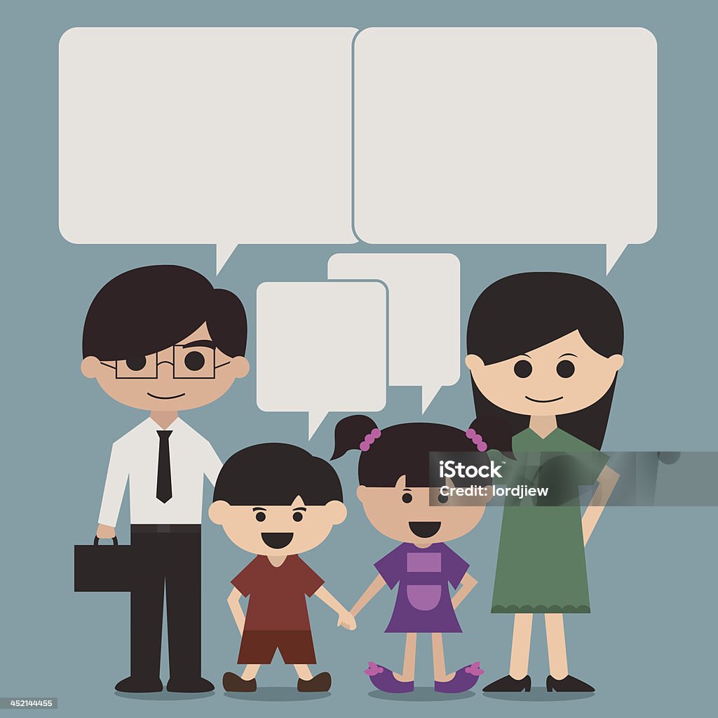 Famille heureuse avec des bulles parler de personnage de dessin animé - clipart vectoriel de Abstrait libre de droits