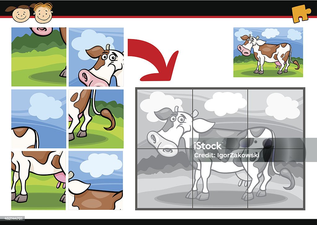 cartoon cow jigsaw puzzle game Cartoon Illustration of Education Jigsaw Puzzle Game for Preschool Children with Funny Cow Farm Animal Animal stock vector