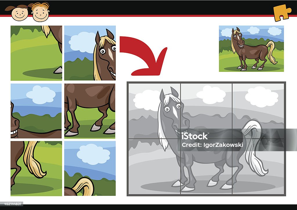 cartoon horse jigsaw puzzle game Cartoon Illustration of Education Jigsaw Puzzle Game for Preschool Children with Funny Horse Farm Animal Animal stock vector