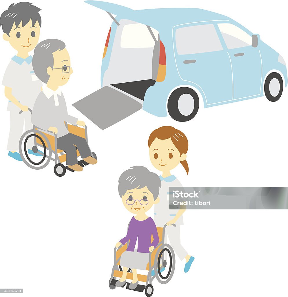 늙음 사람들을 휠체어, 차량, carers 조정했습니다. - 로열티 프리 가정간병인 벡터 아트