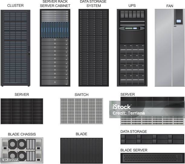 サーバールームの機器を備えておりますベクトルのアイコンを設定します - ネットワークサーバーのベクターアート素材や画像を多数ご用意 - ネットワークサーバー, ベクター画像, データ