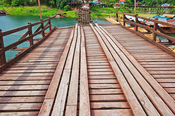 The old wooden bridge  Bridge across the river and Wood bridge (Mon bridge )at sangklaburi, kanchanaburi, Province Asia thailand