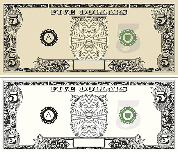 Five Dollar Bill Designed by a hand engraver. Stylized FIVE dollar bill note with copy space. Turn off backgrounds in center ovals to add text of your choice. Intricate and highly detailed scrollwork. Change color and scale easily with the enclosed EPS 10 and AI files. No transparencies or special effects. Also includes hi-res JPG. five dollar bill stock illustrations