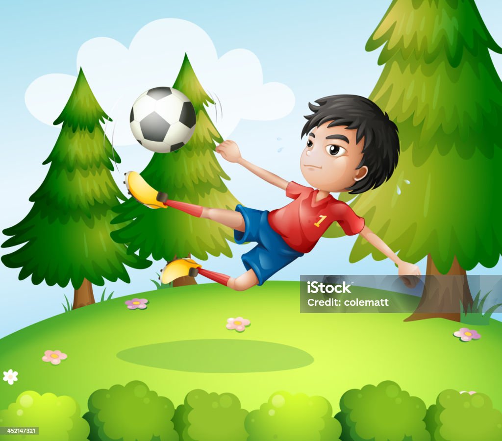 Menino jogando futebol perto dos pinheiros - Vetor de Adulto royalty-free