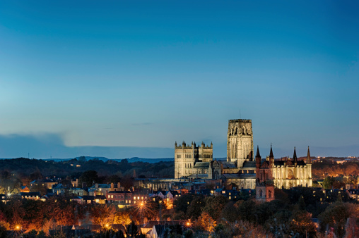 Durham Cathedral photographed in twilight during the early evening in November.