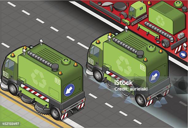 Minibarra De Ferramentas De Limpeza Lixo Camião Em Vista Traseira - Arte vetorial de stock e mais imagens de Alfalto