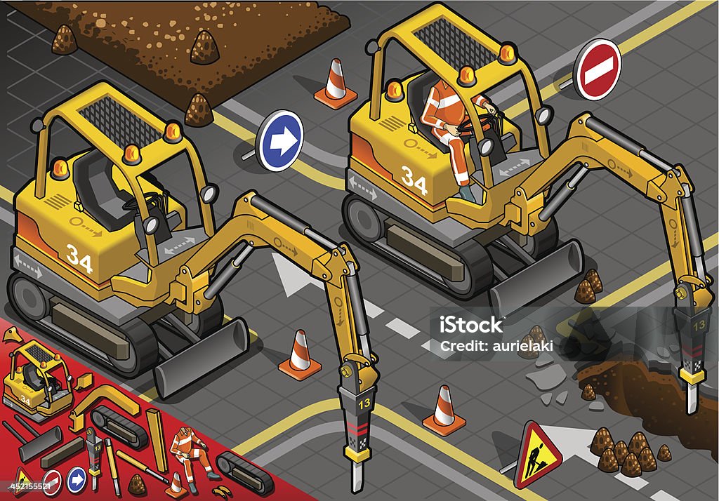 Minibarra de ferramentas Mini Cinzel Excavator em vista frontal - Royalty-free Amarelo arte vetorial