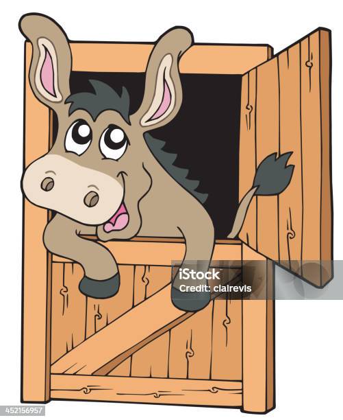 Engraçado Burro No Estábulo - Arte vetorial de stock e mais imagens de Porta - Porta, Alegria, Animal