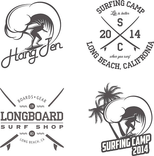 bildbanksillustrationer, clip art samt tecknat material och ikoner med set of vintage surfing labels and badges - longboarding surfing