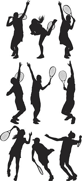 tennis spieler in aktion - tennis serving women playing stock-grafiken, -clipart, -cartoons und -symbole