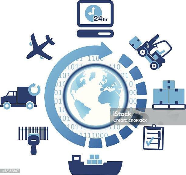 Ícones De Transporte E Logística Global - Arte vetorial de stock e mais imagens de Negócios internacionais - Negócios internacionais, Entregar, Transporte de mercadoria