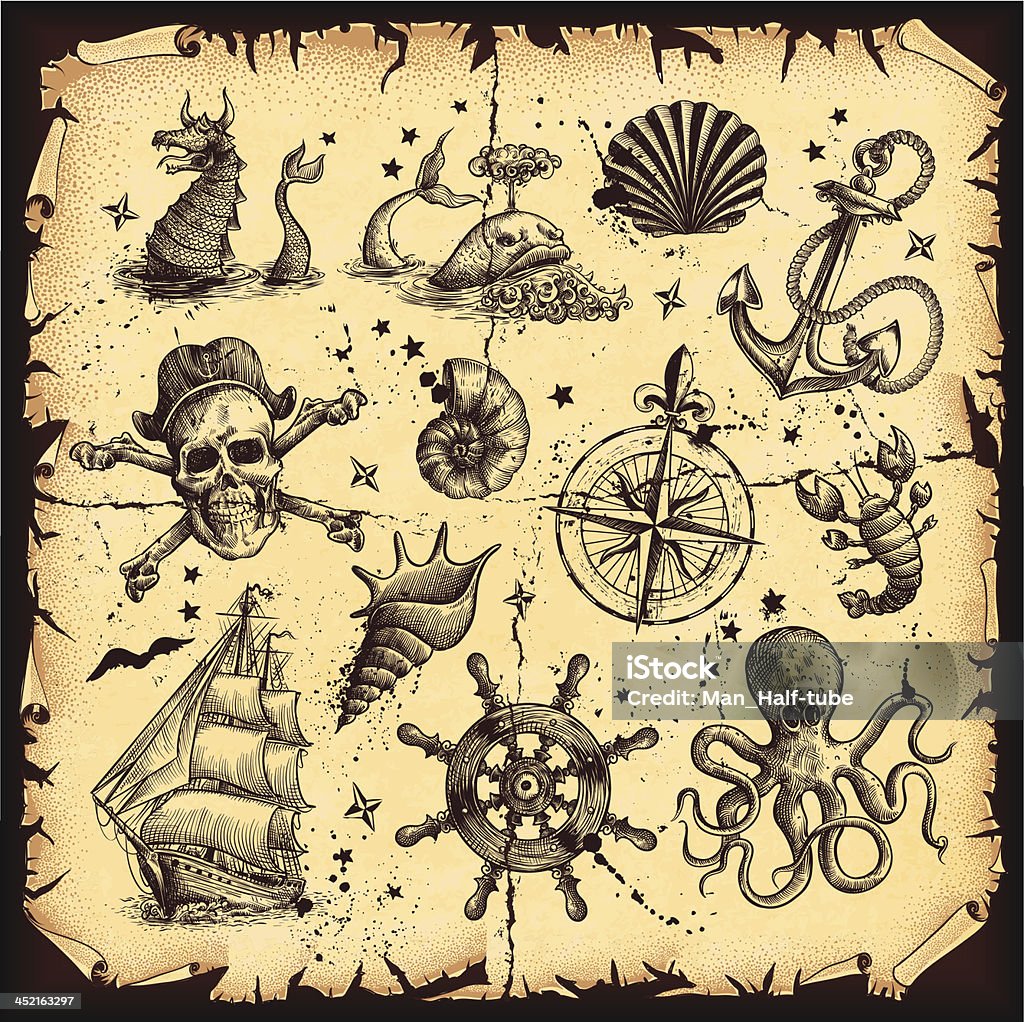 Nautical set Vector antique nautical map. Pirate - Criminal stock vector