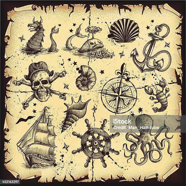 Nautical Set Stock Illustration - Download Image Now - Pirate - Criminal, Map, Old